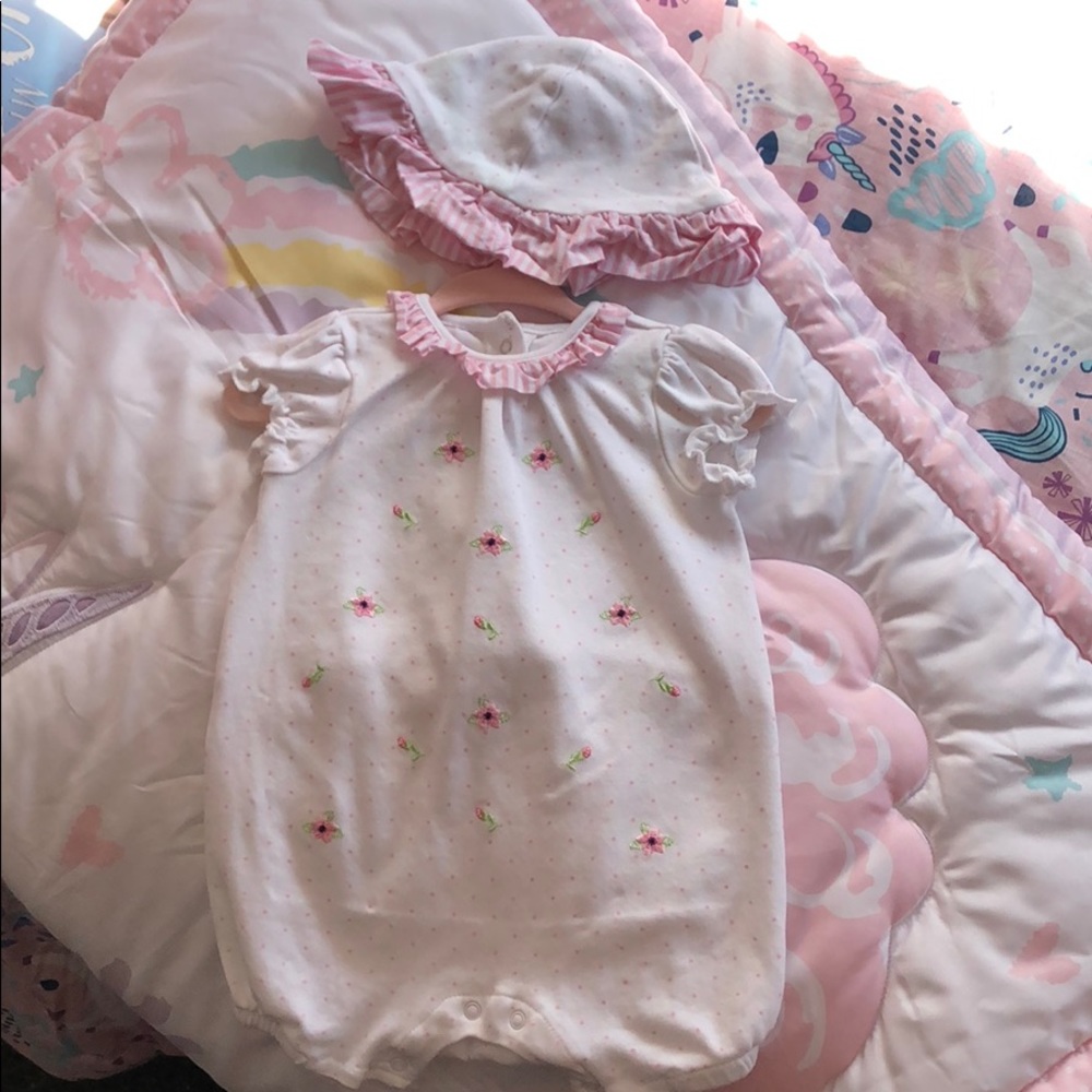 Little me baby girl romper and matching hat set